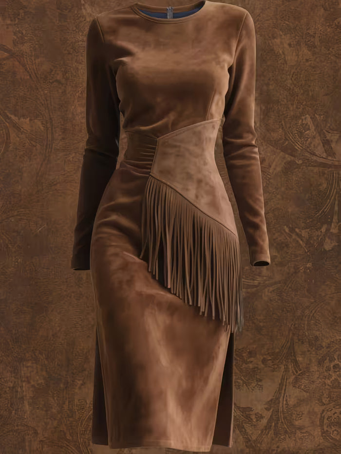 Faux-Suede Fringe Midi Dress