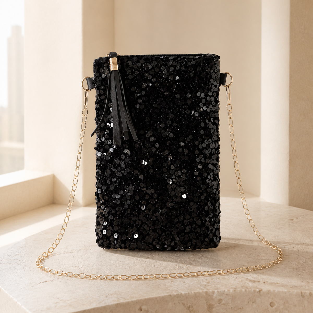 Black sequin evening phone pouch