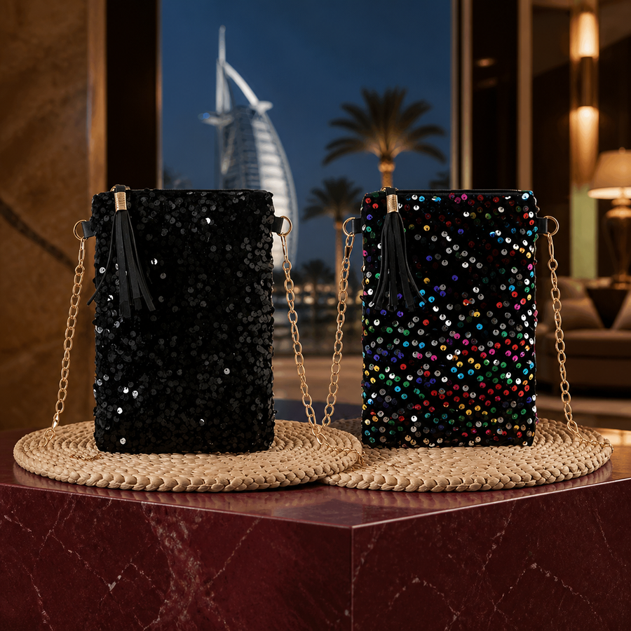Black and multicolour sequin evening phone pouches