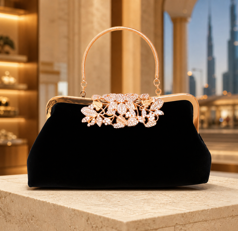 Black velvet evening bag with rose-gold floral frame