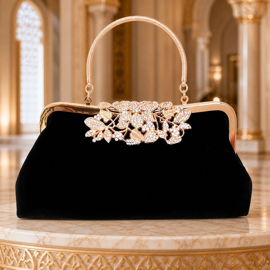 Black velvet floral-frame evening bag in UAE-inspired interior