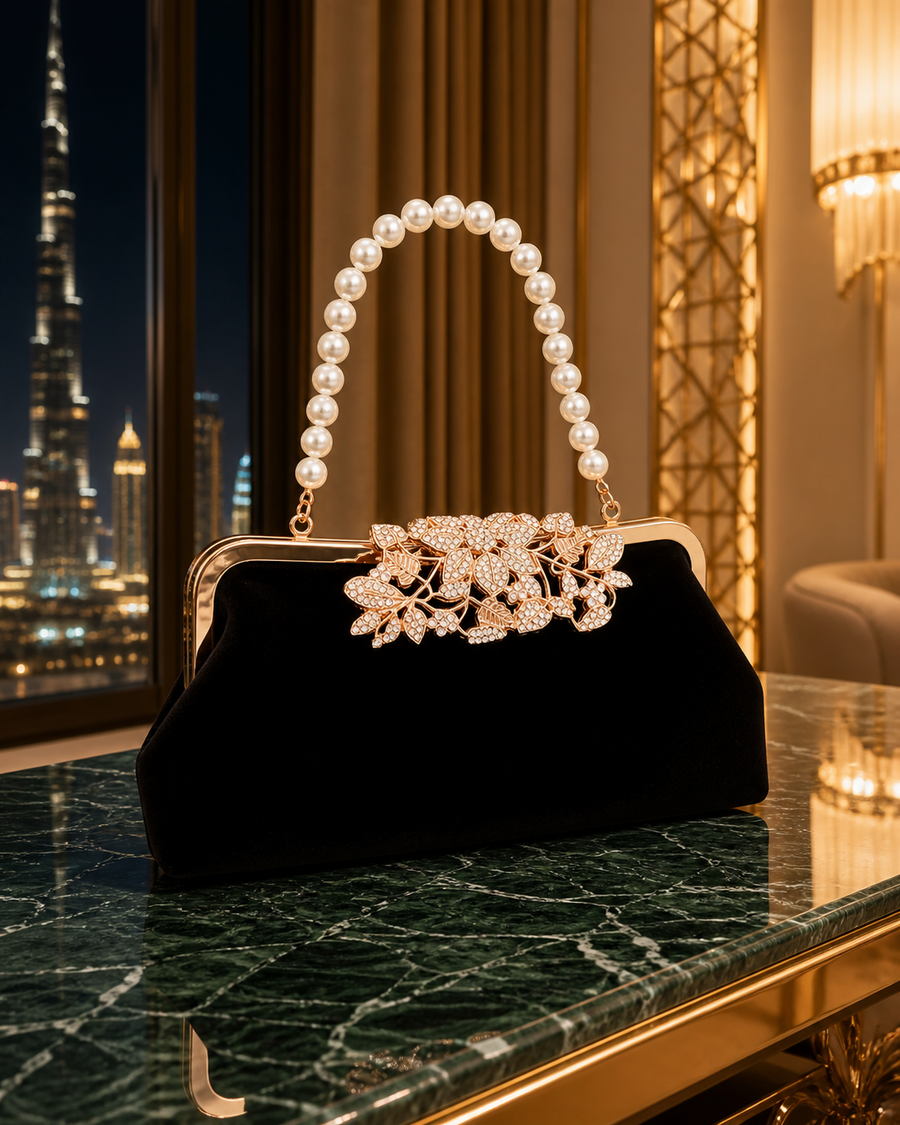 Black velvet evening bag with faux-pearl handle