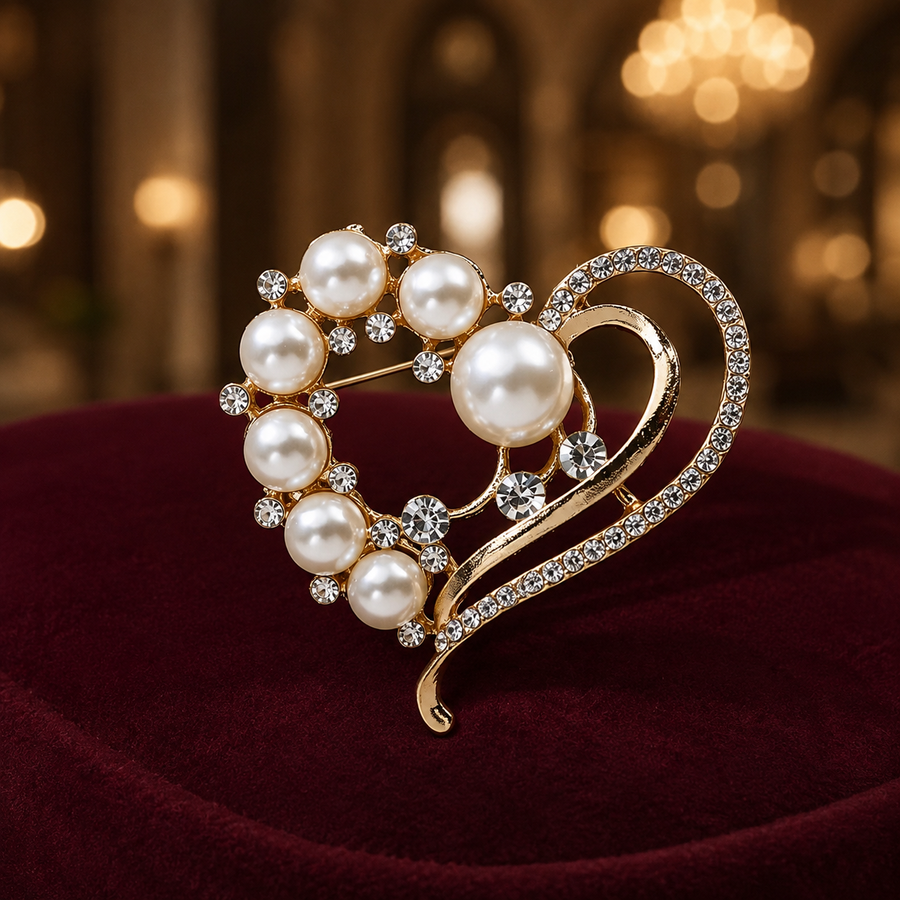 Gold-tone pearl heart brooch on burgundy velvet in a UAE-inspired evening setting