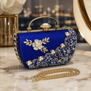Cobalt mosaic blossom evening clutch with detachable chain
