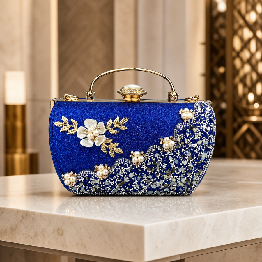 Cobalt mosaic blossom evening clutch front view