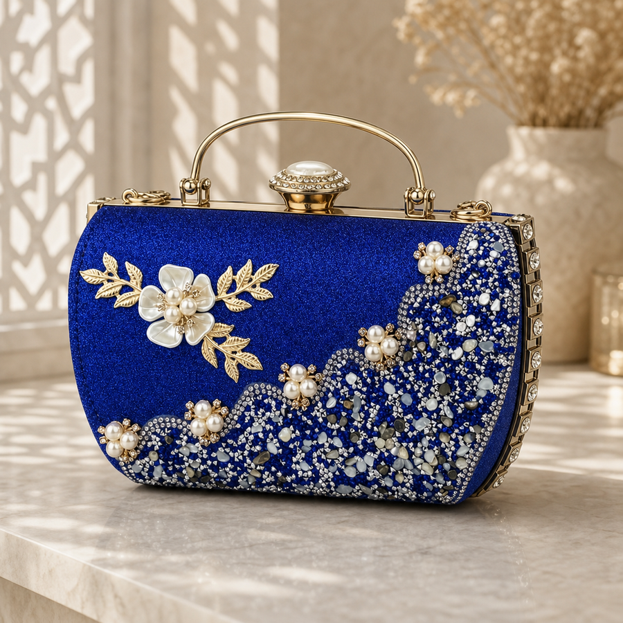 Cobalt mosaic blossom evening clutch three-quarter view