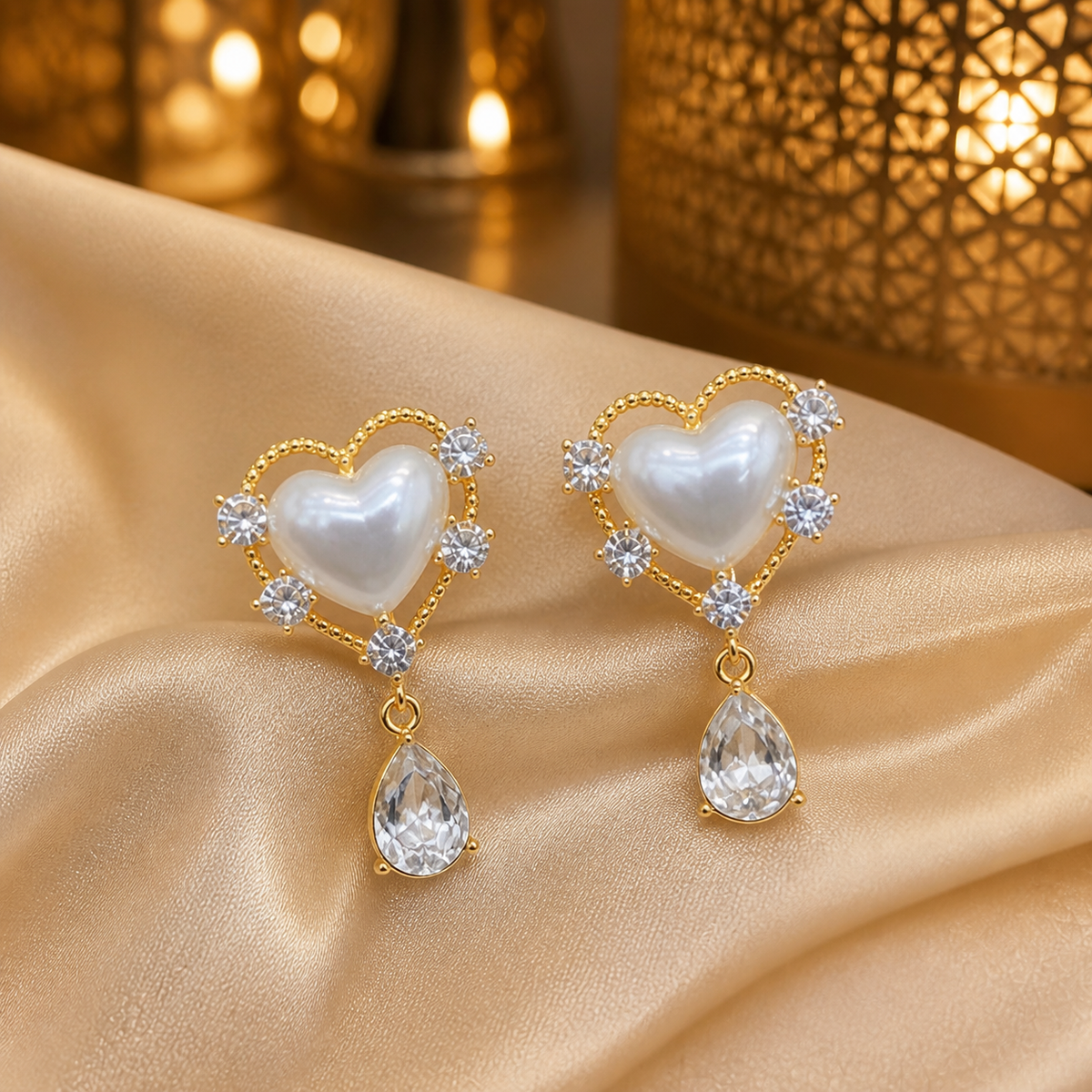 Gold-tone pearl-heart earrings displayed on champagne fabric in a UAE-inspired setting