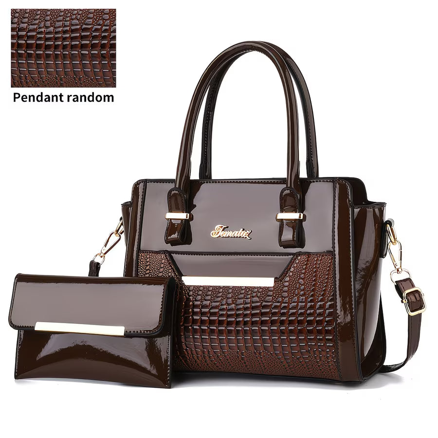 Croc-Texture Handbag & Clutch Set