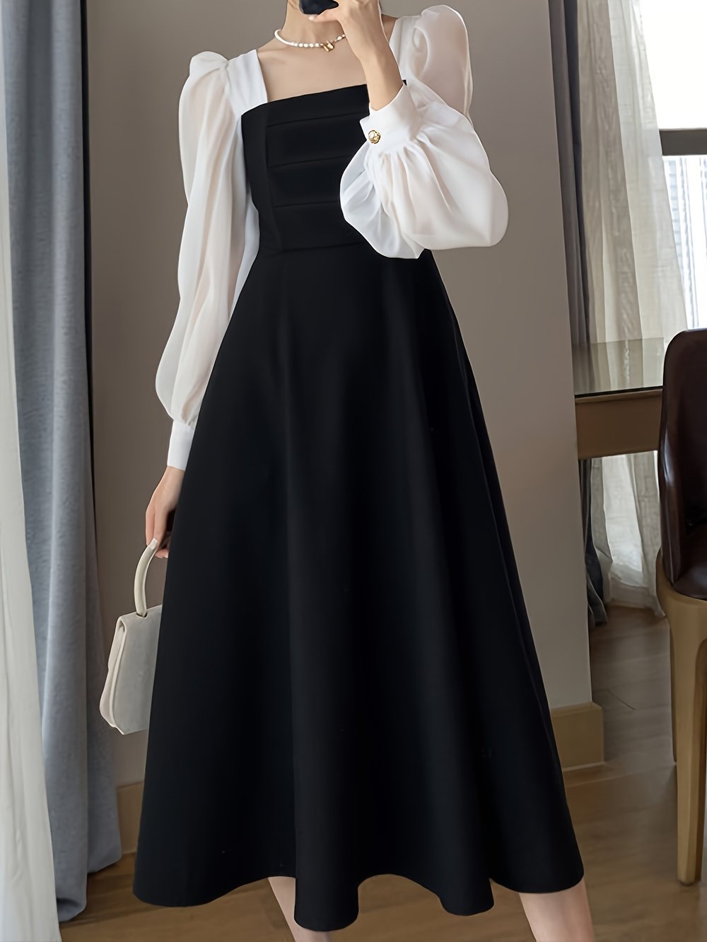 Black Organza Square-Neck Midi Dress - view 1