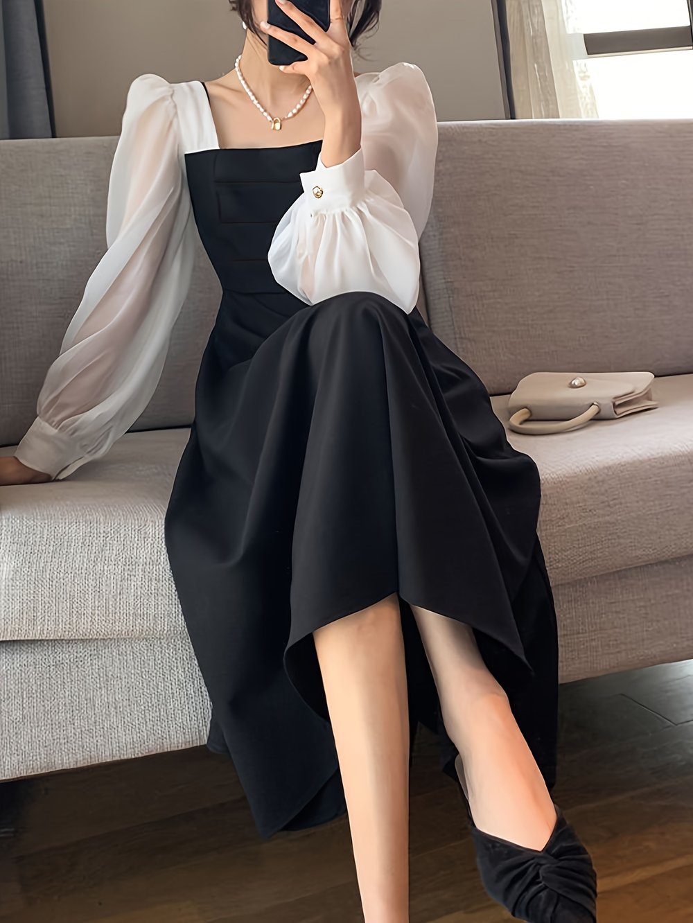 Black Organza Square-Neck Midi Dress - view 2