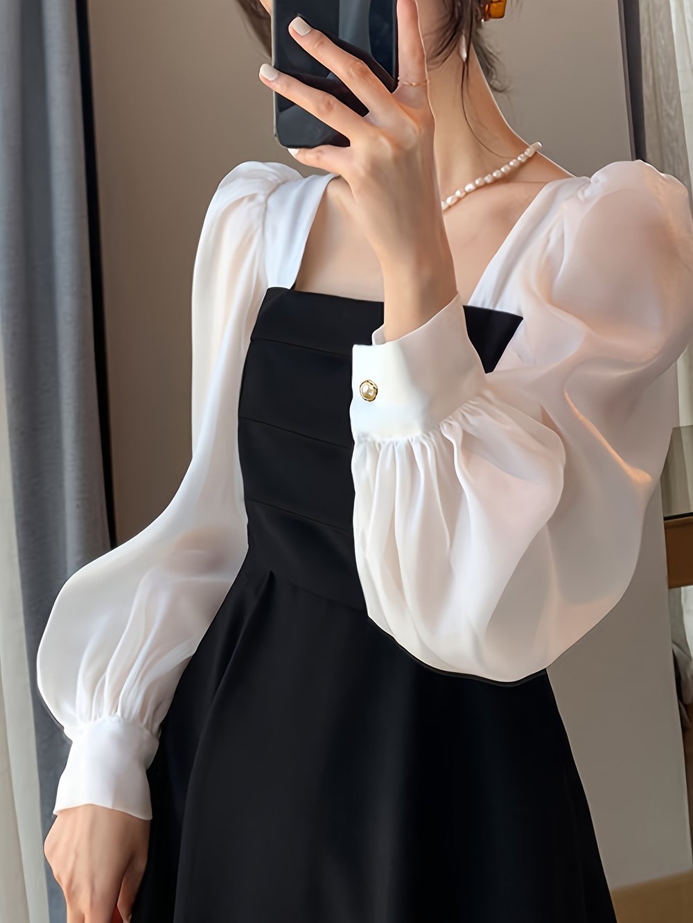 Black Organza Square-Neck Midi Dress - view 3