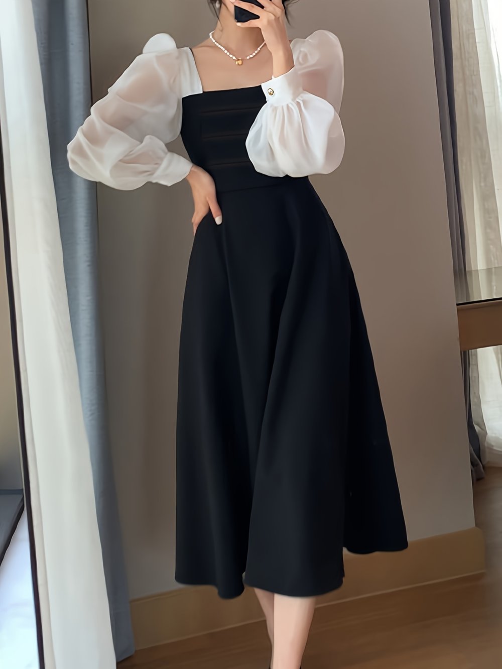 Black Organza Square-Neck Midi Dress - view 4
