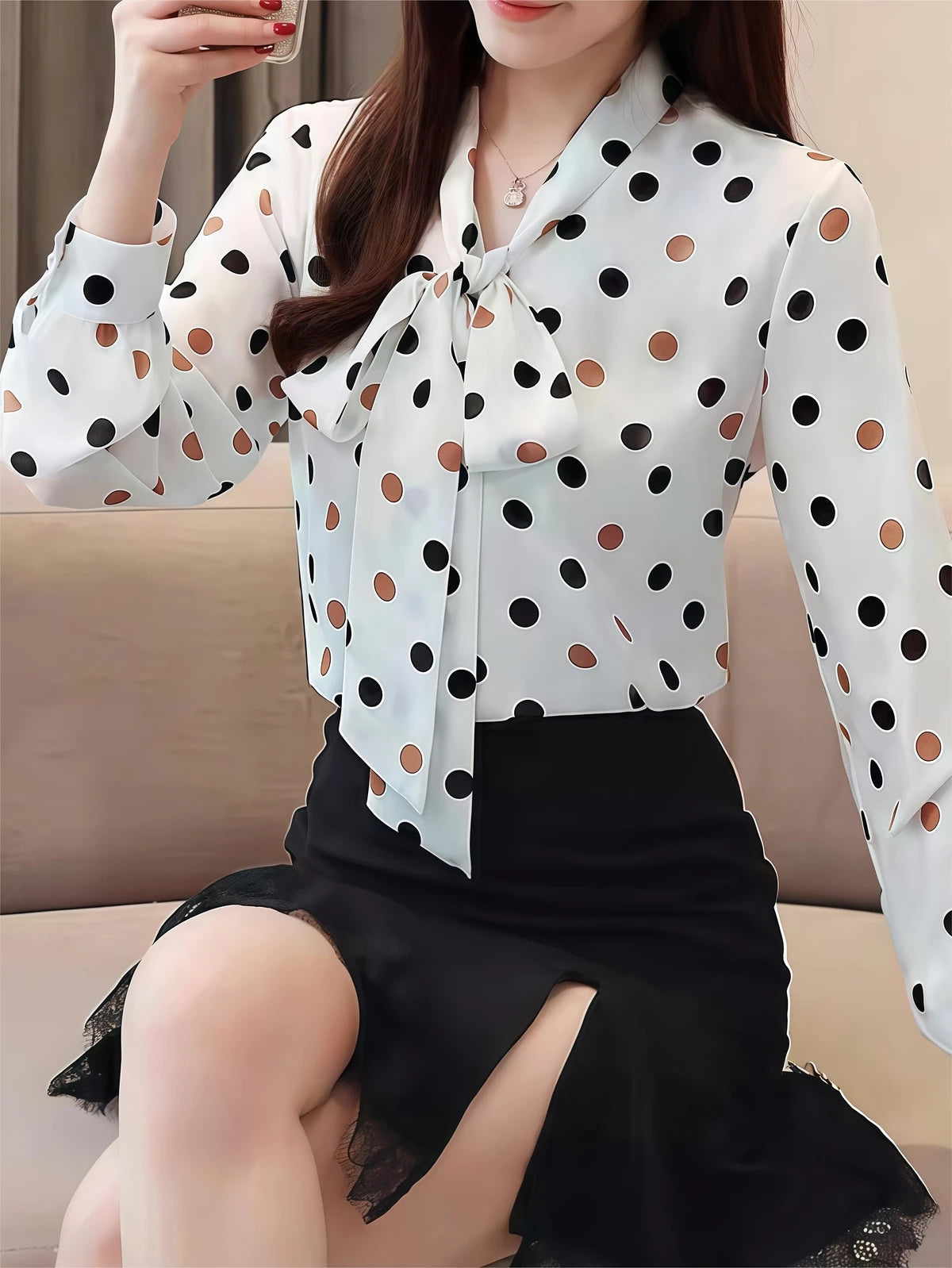 Polka-Dot Tie-Neck Blouse - view 2
