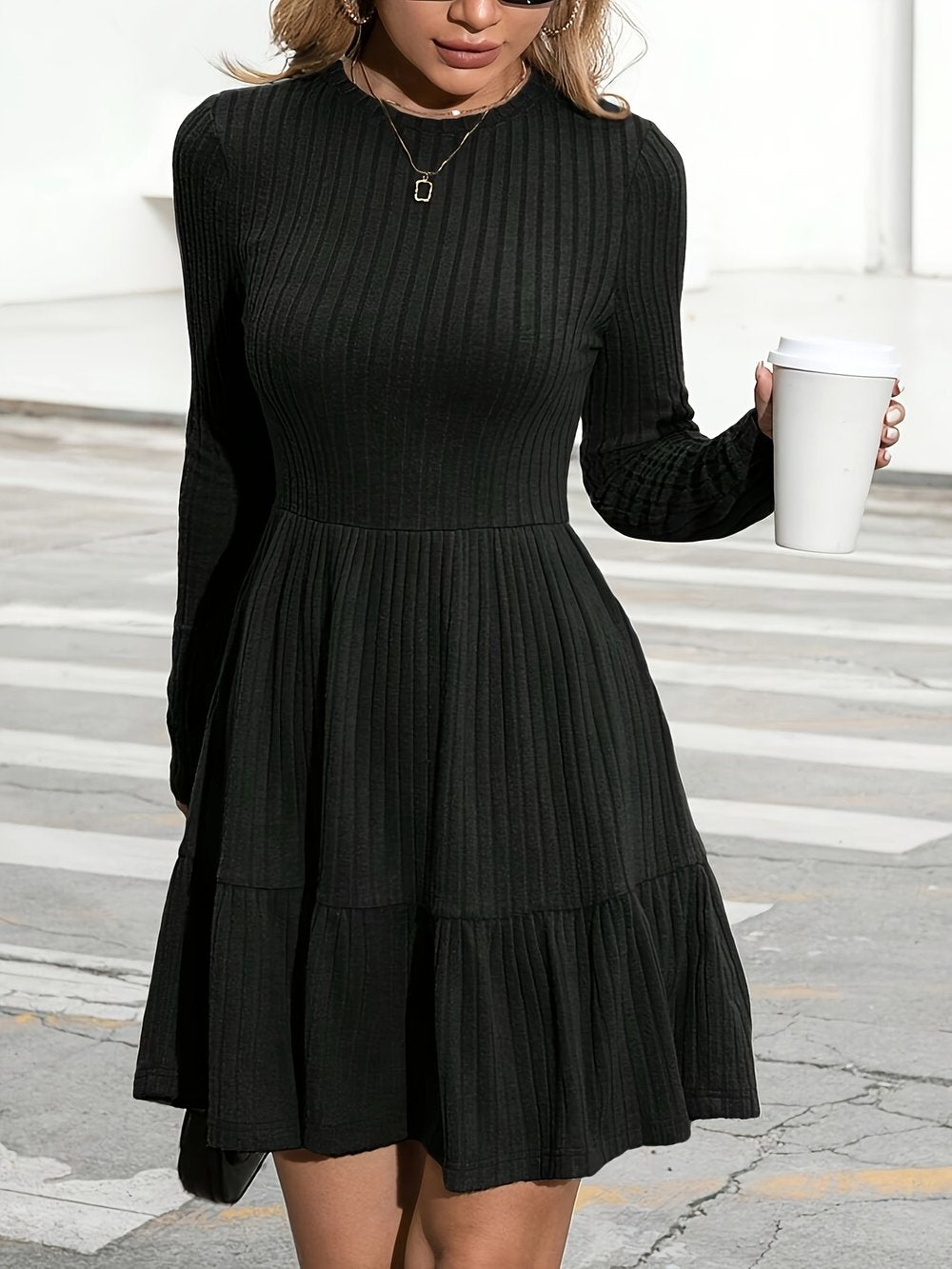 Ruffle-Hem Ribbed Winter Dress - view 3