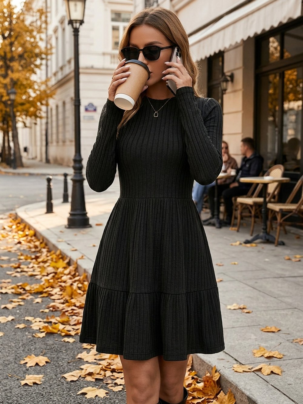 Ruffle-Hem Ribbed Winter Dress - view 7