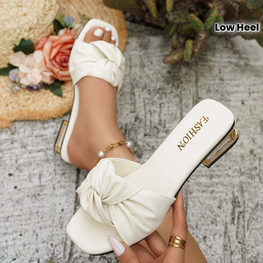 Ruffled-Bow Low-Heel Slides
