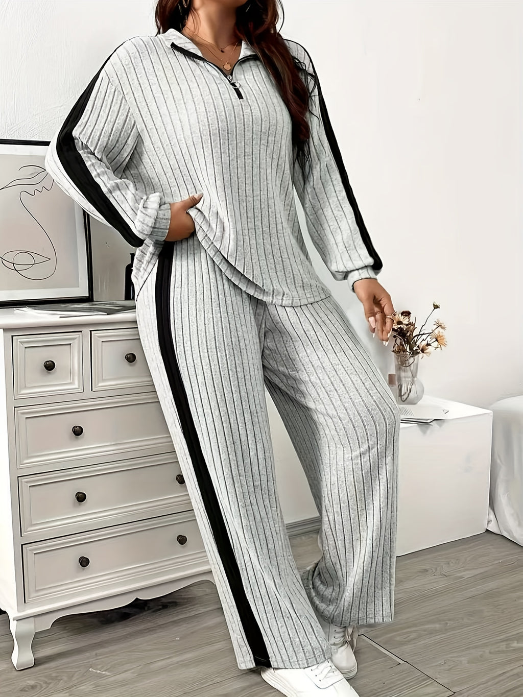 Textured Zip-Collar Wide-Leg Set — view 1