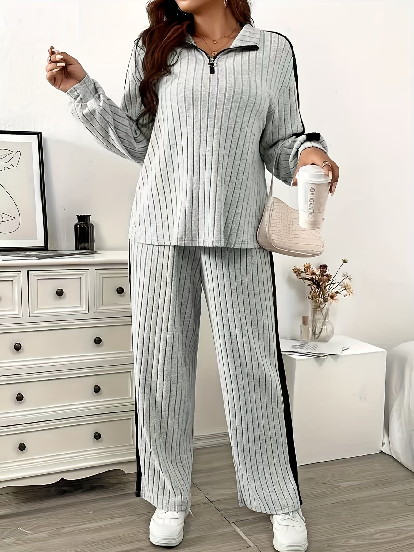 Textured Zip-Collar Wide-Leg Set — view 4