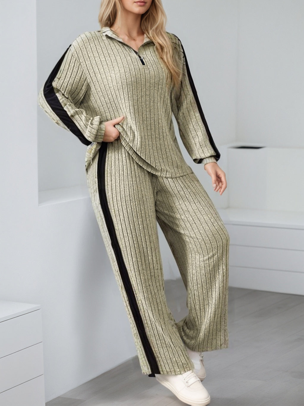 Textured Zip-Collar Wide-Leg Set — view 5