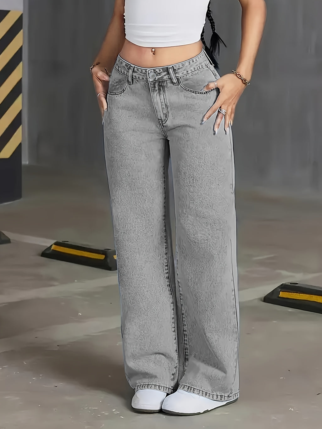 Grey Washed Wide-Leg Jeans - gallery image 1