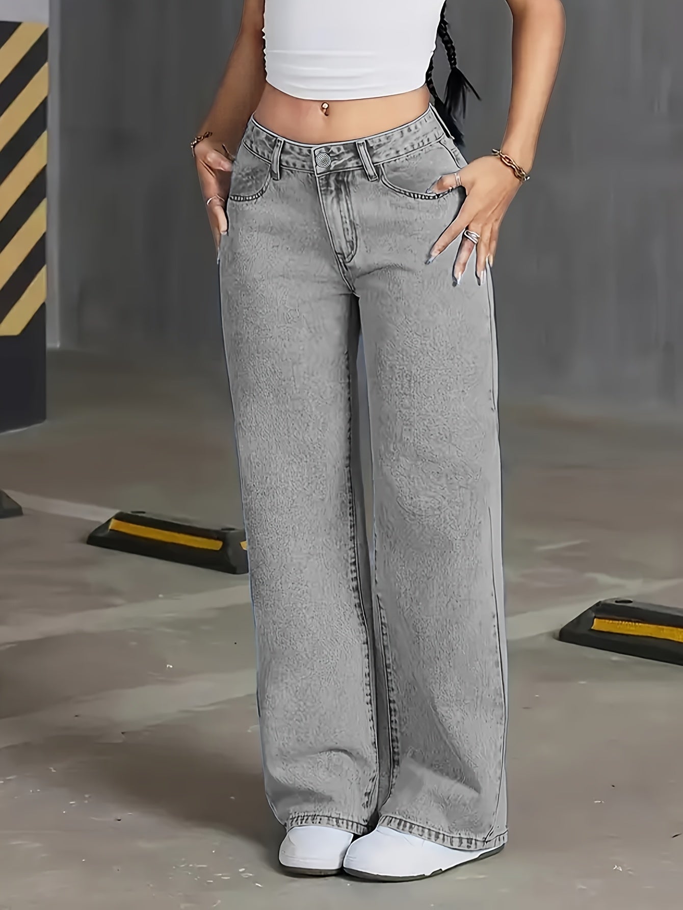 Grey Washed Wide-Leg Jeans - gallery image 1