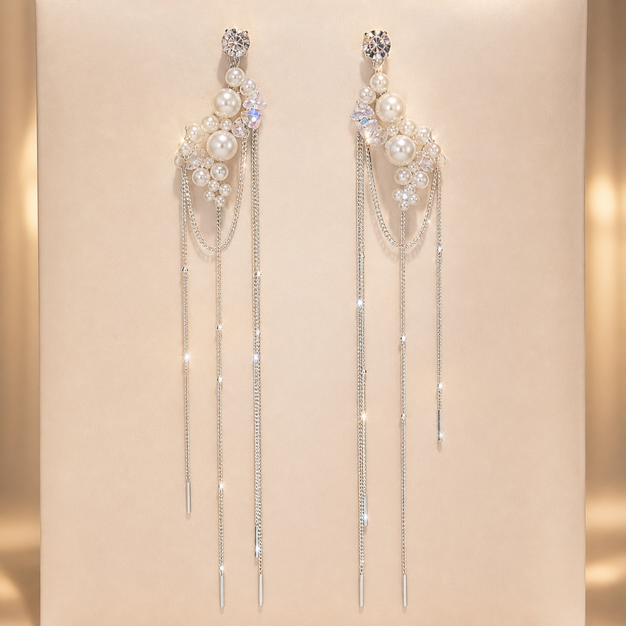 Crystal-Pearl Cascade Tassel Earrings on beige display