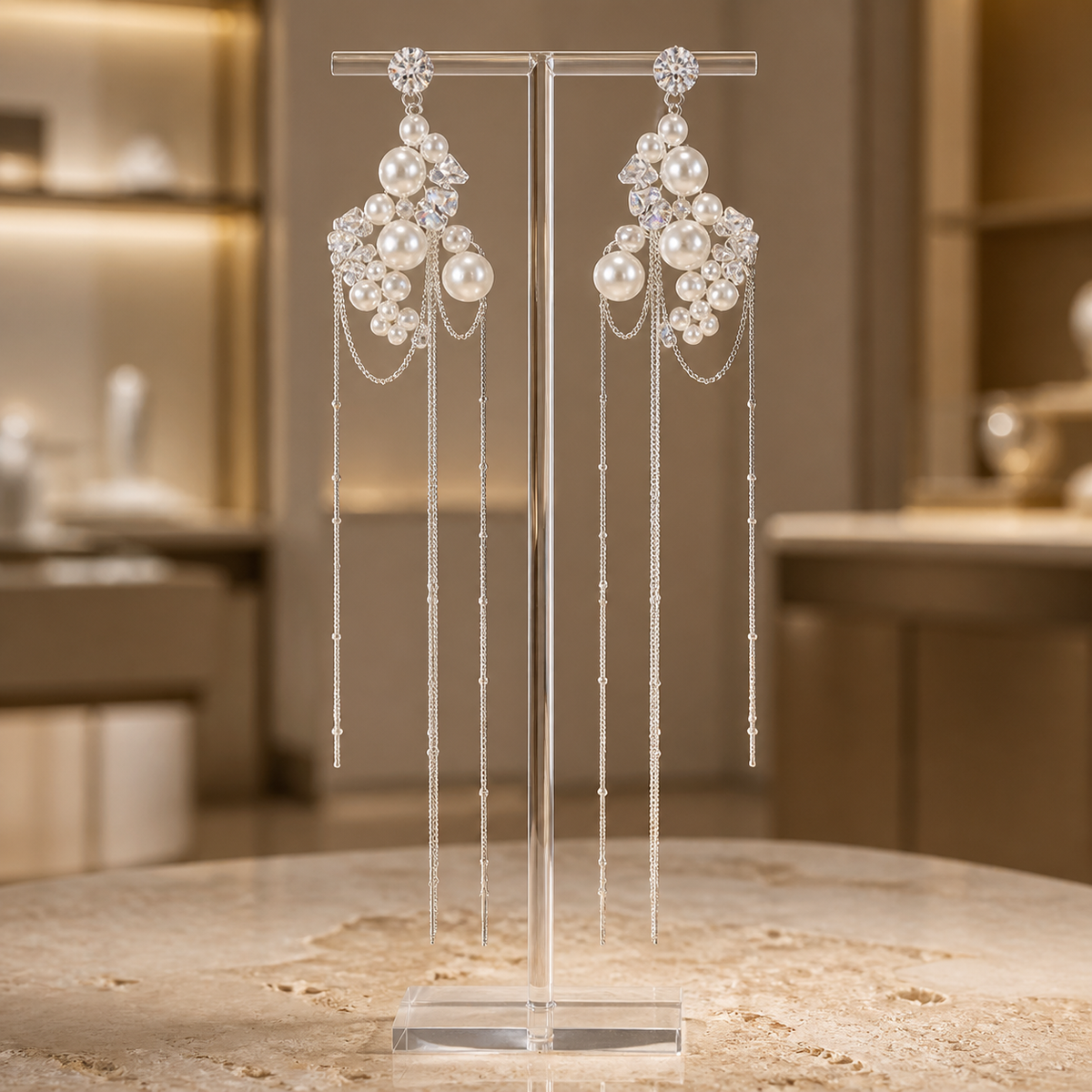 Crystal-Pearl Cascade Tassel Earrings on display stand