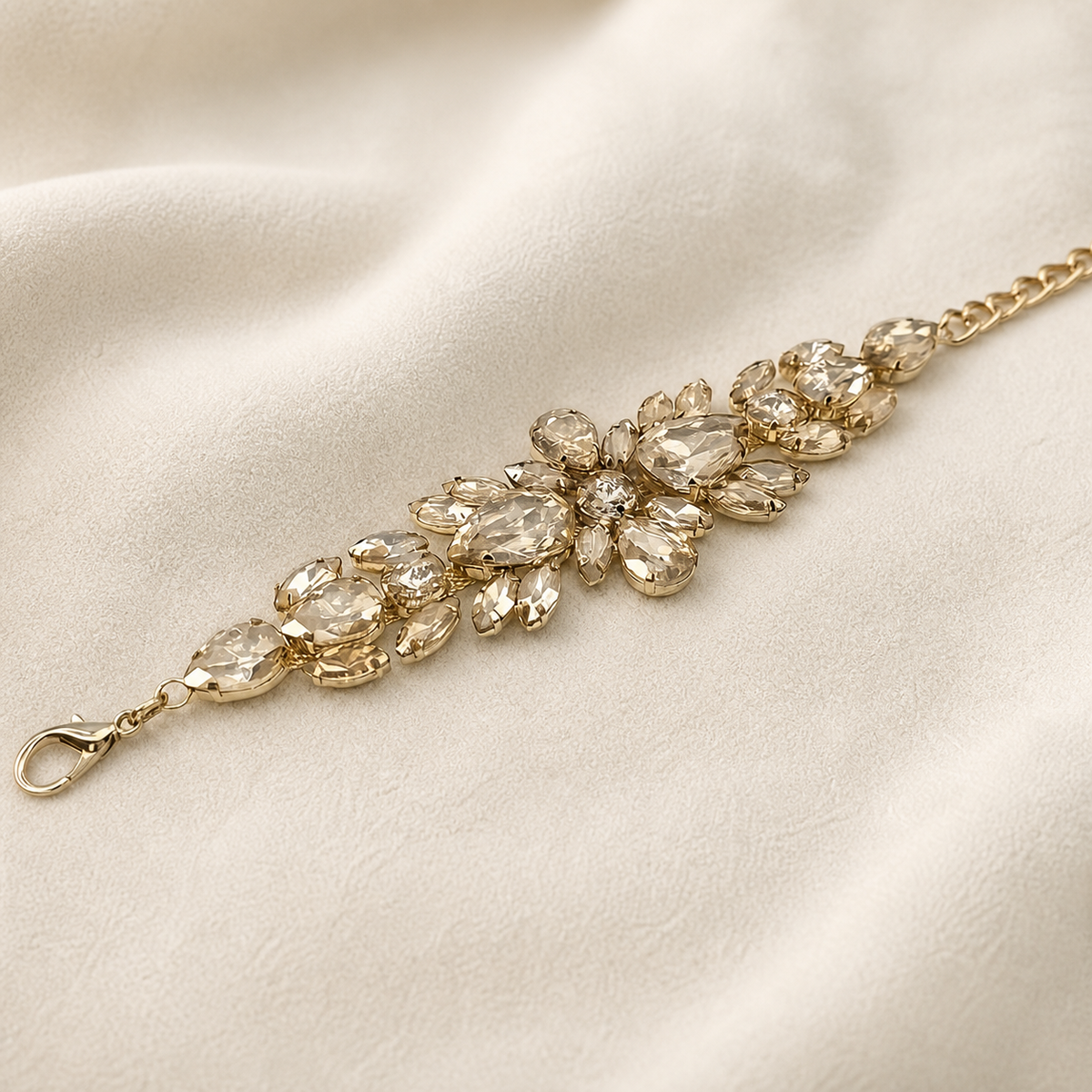 Champagne-colour floral stone arrangement and clasp detail