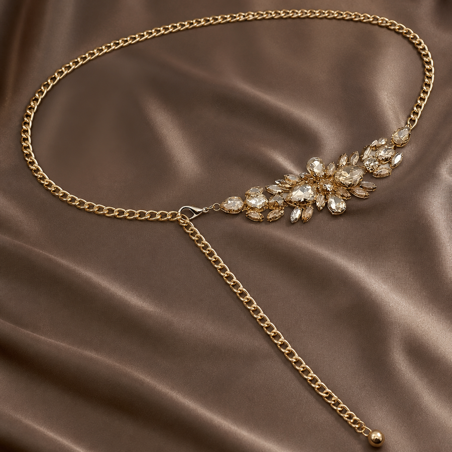 Adjustable chain belt showing clasp and ball-ended chain tail