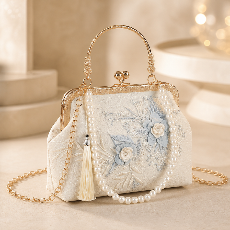 Ivory floral appliqué evening clutch with pale blue flowers, angled view