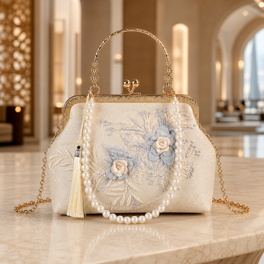Ivory floral appliqué evening clutch with pale blue flowers and pearl strap
