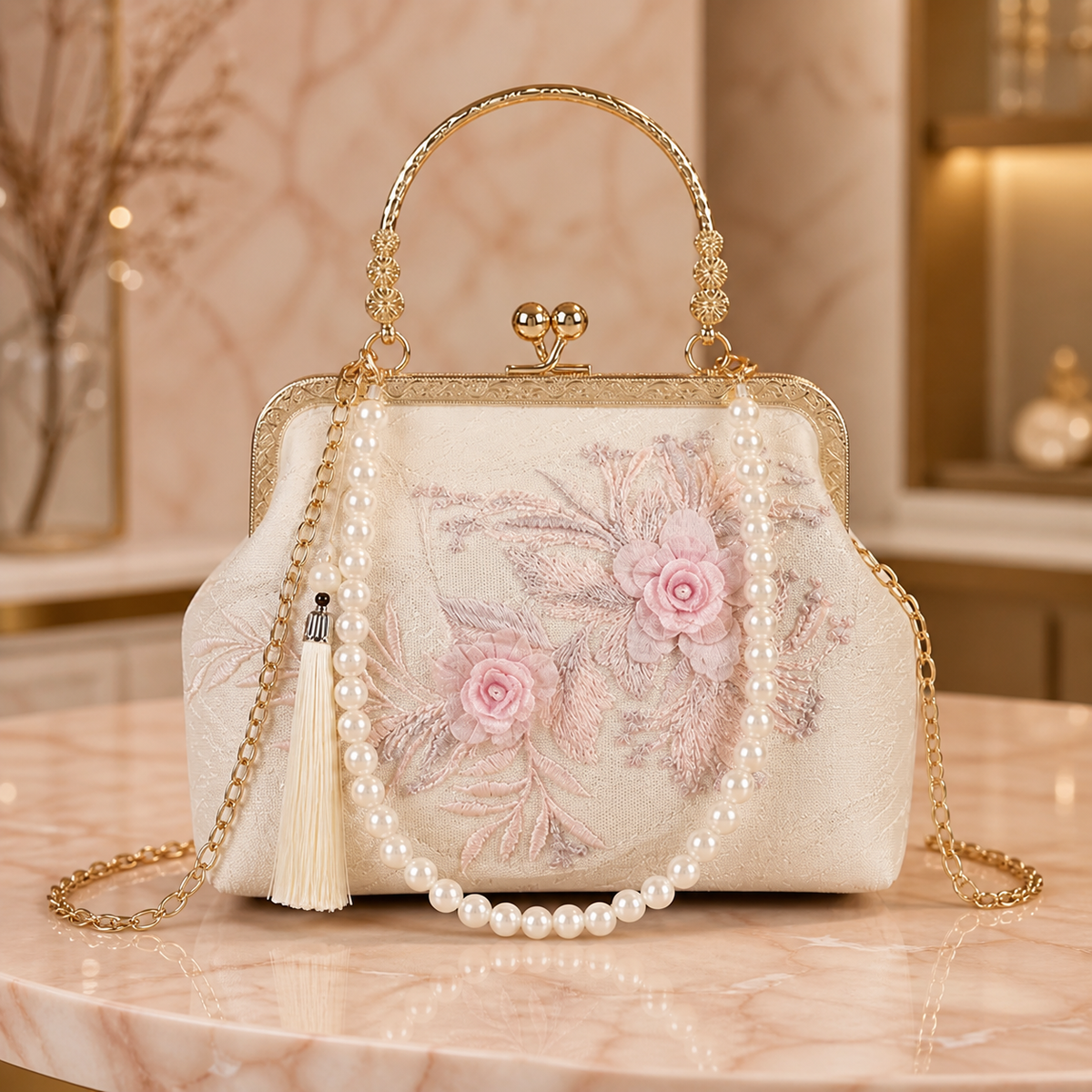 Ivory floral appliqué evening clutch with pale pink flowers and pearl strap