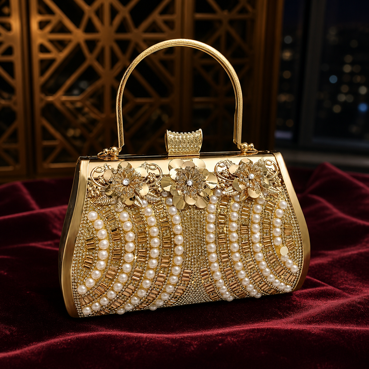 Golden Pearl Banquet Evening Bag on burgundy velvet