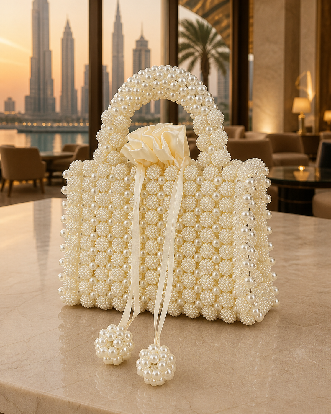 Pearl-beaded rose-handle evening clutch in a Dubai-inspired setting