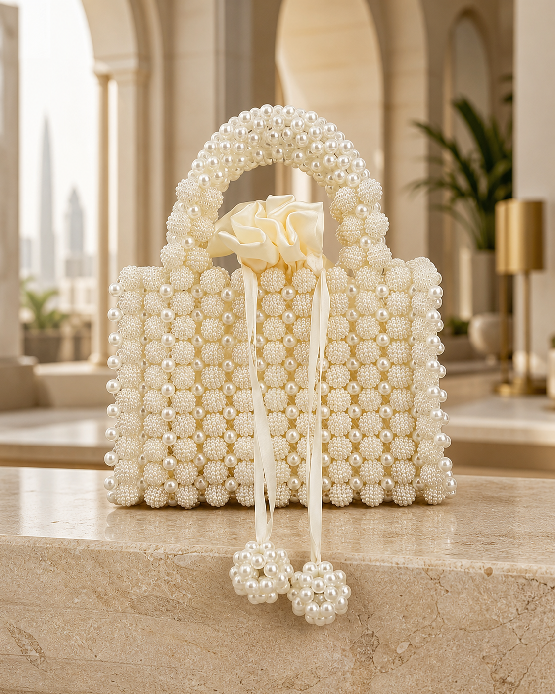 Pearl-beaded rose-handle evening clutch in white, front view