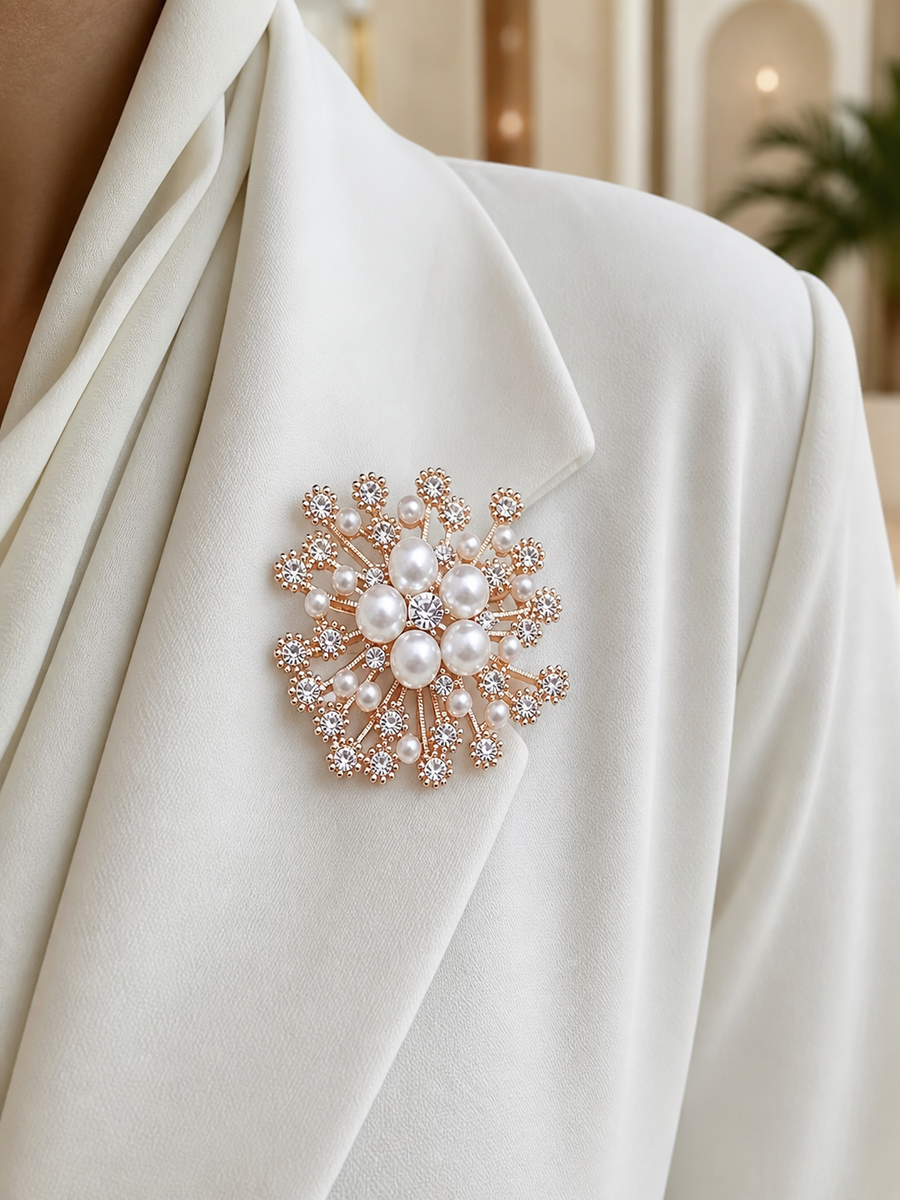 Pearl firework brooch styled on an ivory lapel