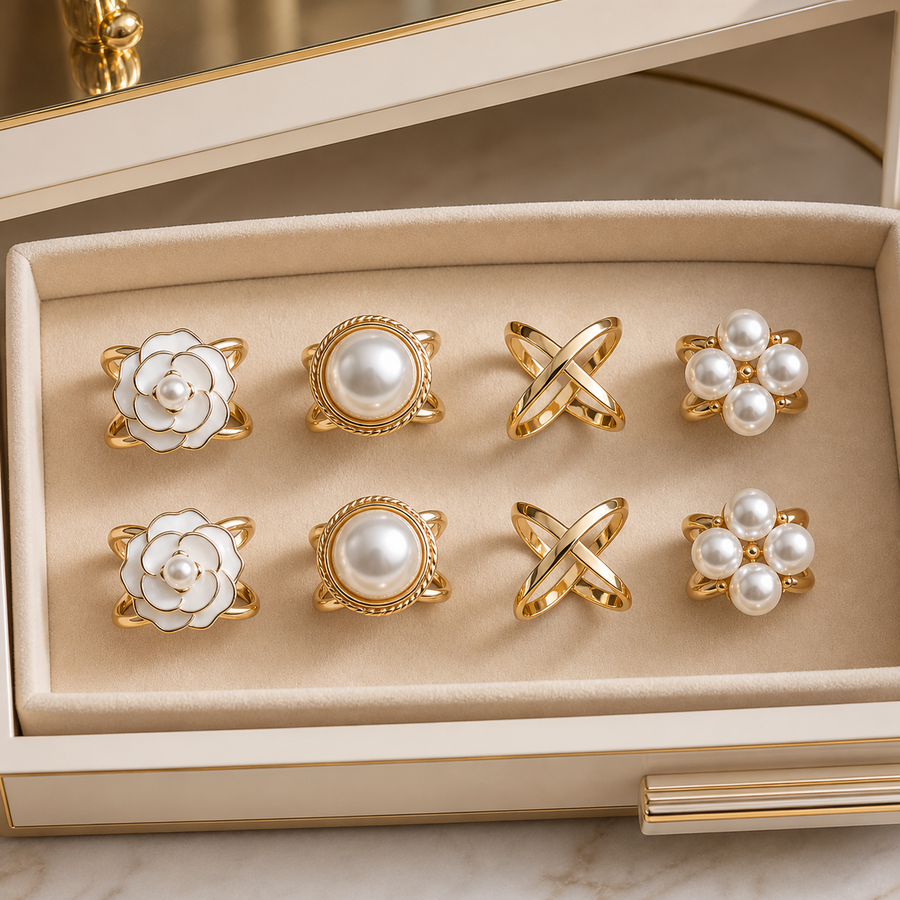 Eight-piece gold and pearl scarf ring set in velvet drawer