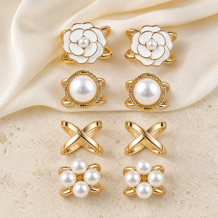 Eight-piece gold and pearl scarf ring set