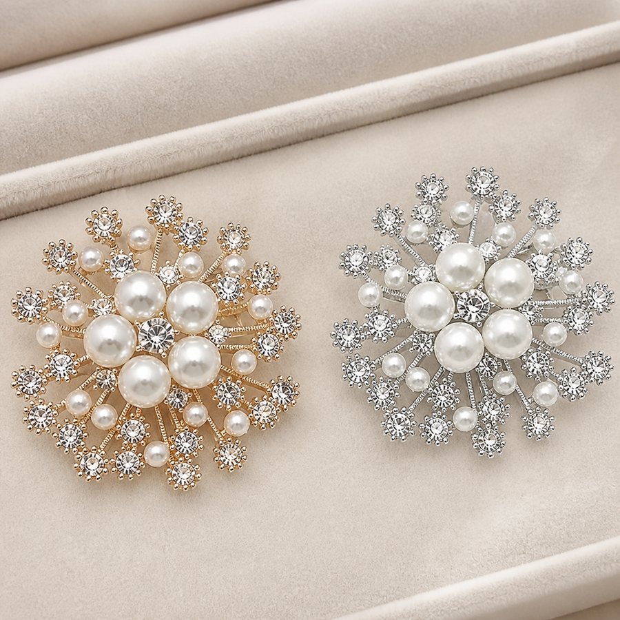 Gold-tone and silver-tone pearl and crystal snowflake brooches