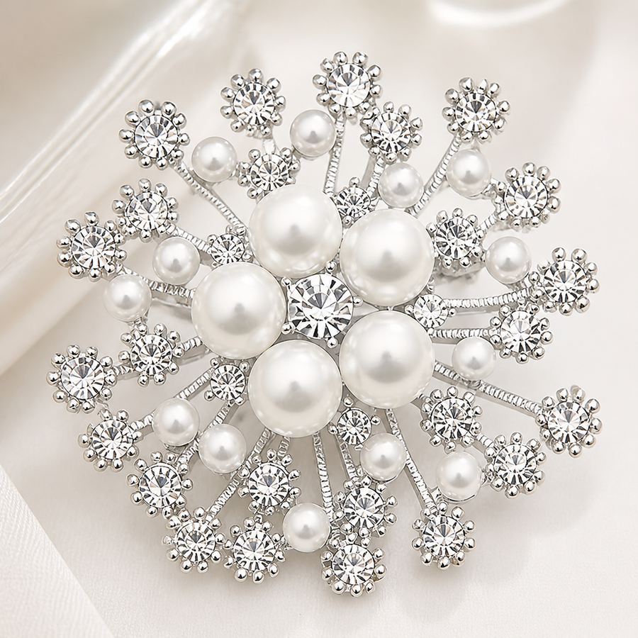 Silver-tone pearl and crystal snowflake brooch