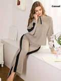 Women's Casual Color Block Patchwork Pullover Half-Zip Lapel Long Sleeve Top and Wide Leg Trous