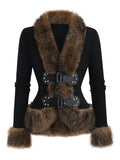 Women's Vintage Plush Patchwork Long-Sleeve Cardigan Hippie Punk Style Button-Up Jacket