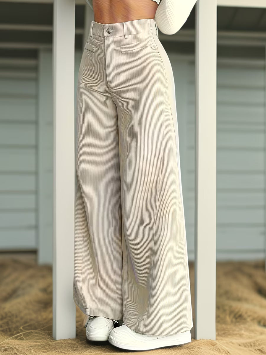 Women's High-Waisted Wide-Leg Pants - Corduroy Texture Casual Trousers, All-Season Comfort, Mac