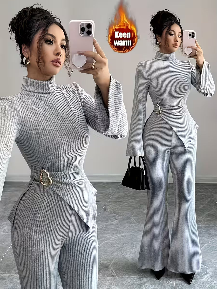 Women'S Fall Winter Fleece Turtleneck Asymmetrical Hem Long Sleeve And Pants Set