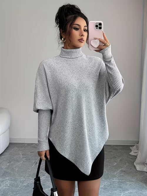 Autumn-Winter Gray High-Neck Top, Irregular Design for a Lazy Chic Look