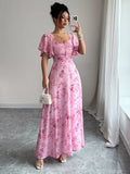 Women's Chiffon Butterfly Pattern Batwing Sleeve Drawstring Sweet French-Style Mini Dress, Summ